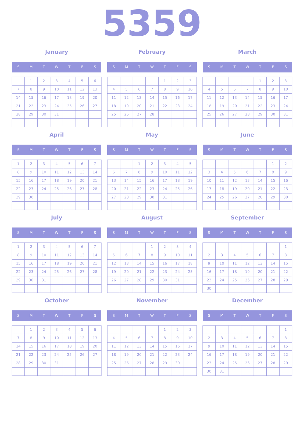 Printable 5359 Year Calendars periwinkle