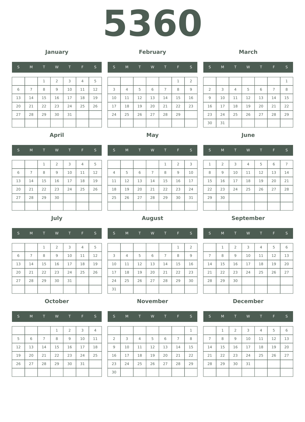Printable 5360 Year Calendars feldgrau