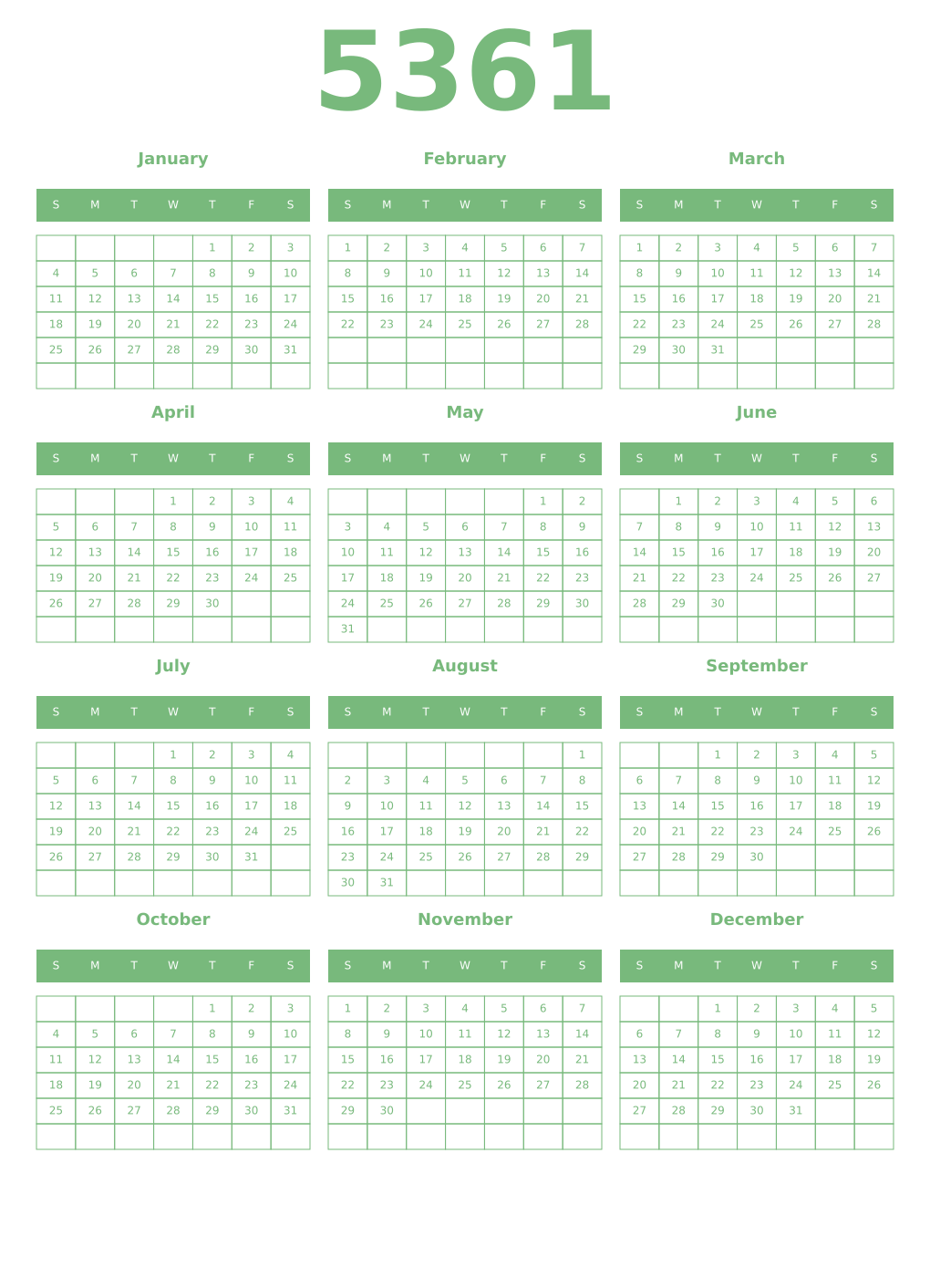 Printable 5361 Year Calendars celadon