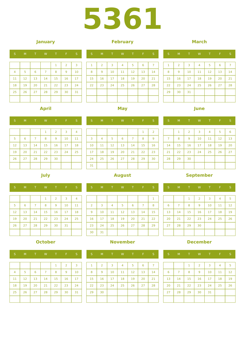 Printable 5361 Year Calendars chartreuse