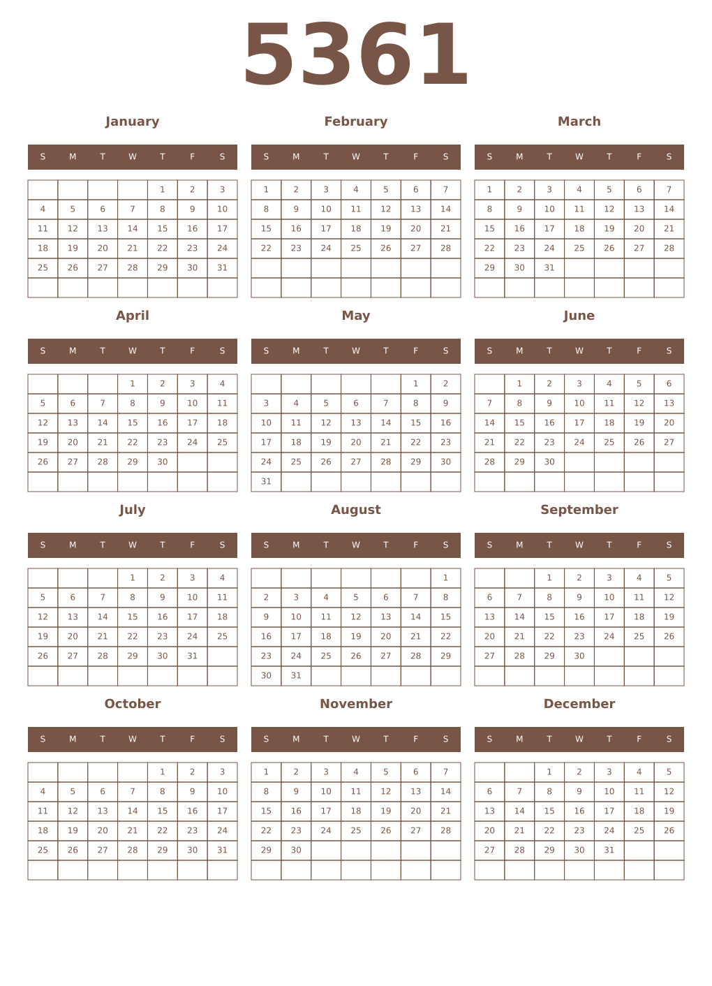 Printable 5361 Year Calendars coffe