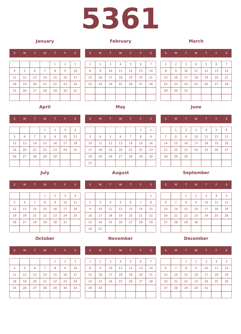 Printable 5361 Year Calendars cordovan