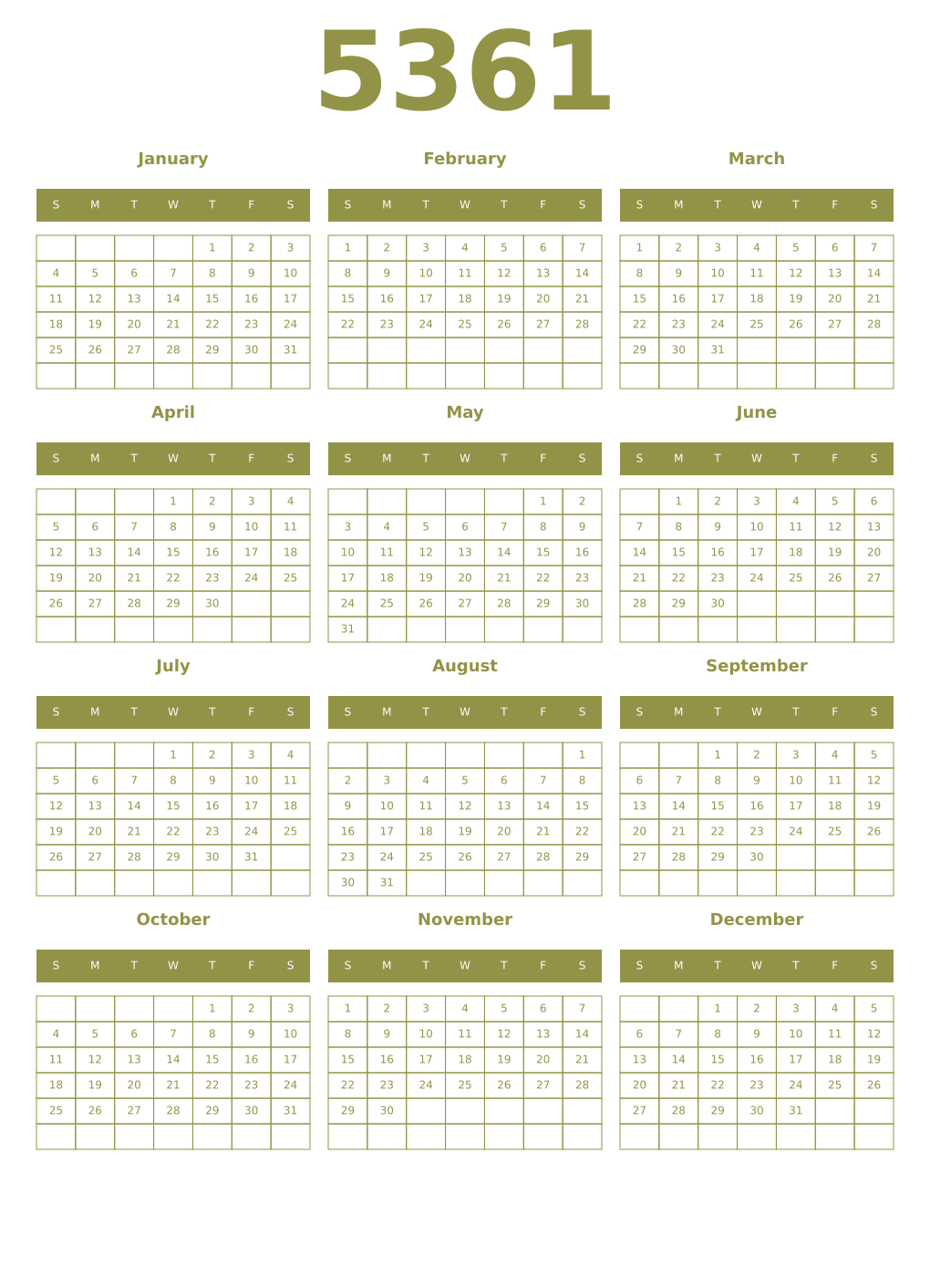 Printable 5361 Year Calendars eburnean