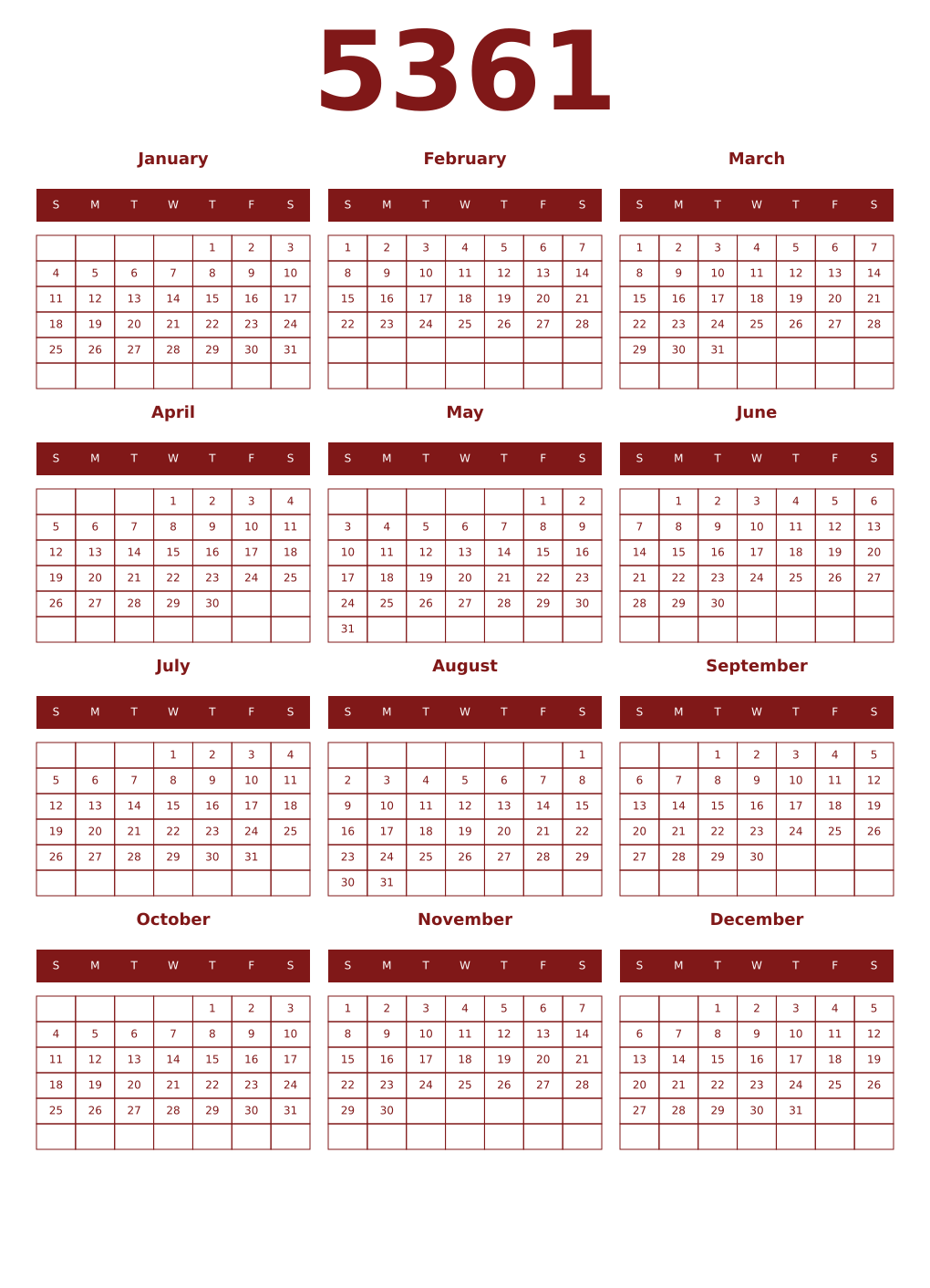 Printable 5361 Year Calendars falu