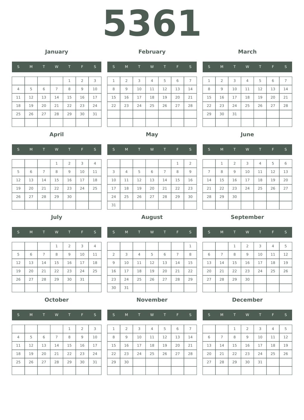 Printable 5361 Year Calendars feldgrau