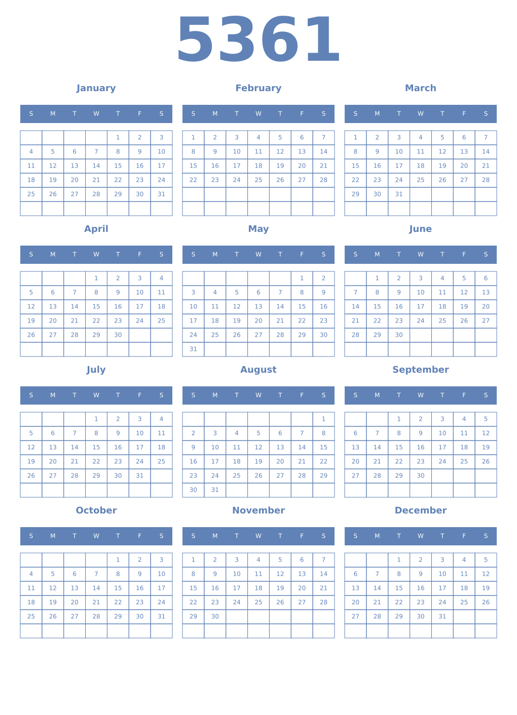 Printable 5361 Year Calendars glaucous