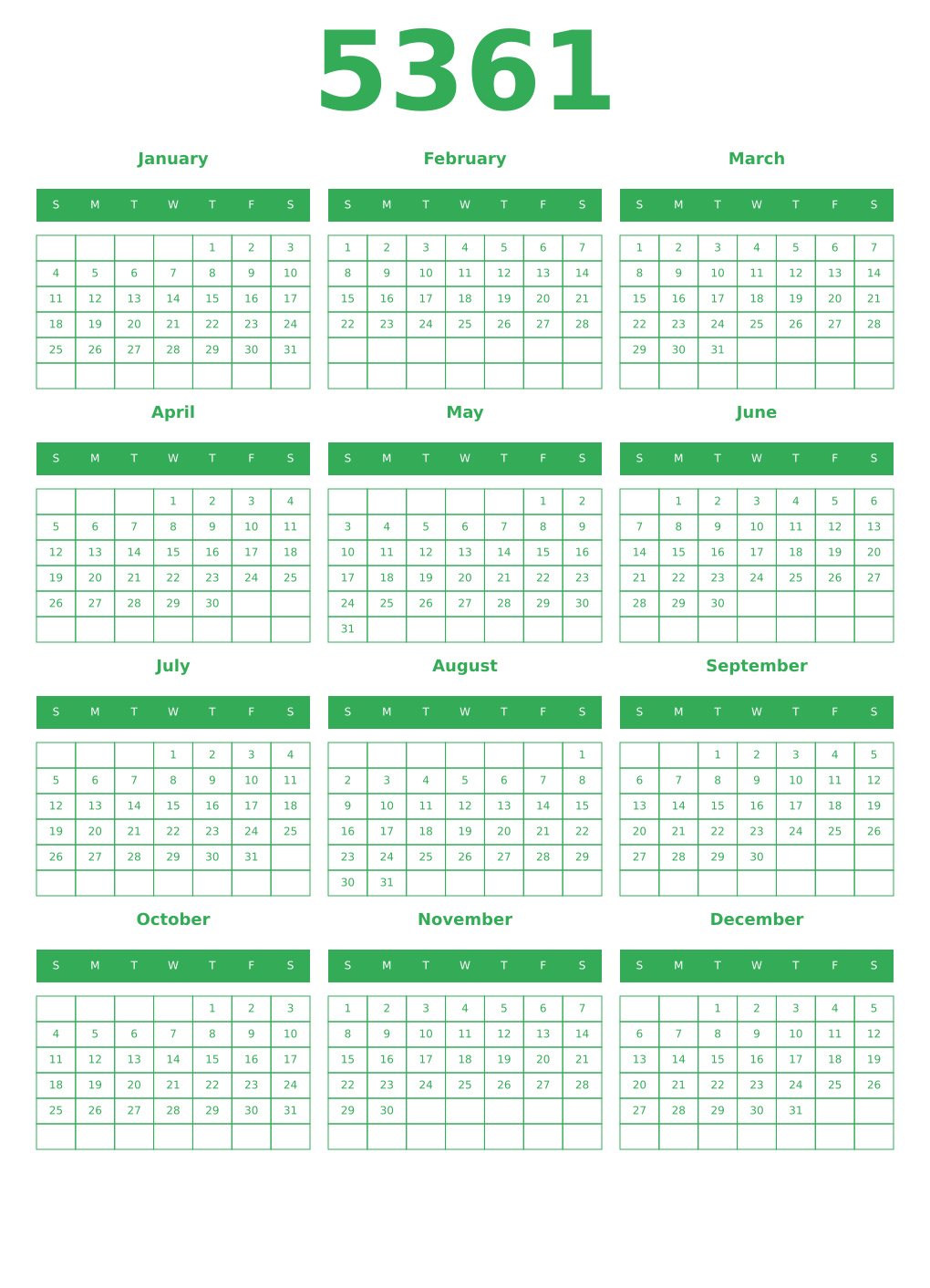 Printable 5361 Year Calendars green