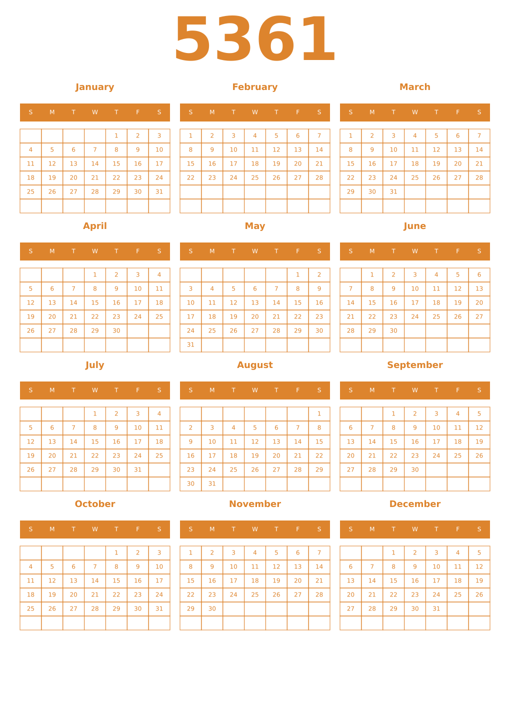 Printable 5361 Year Calendars orange