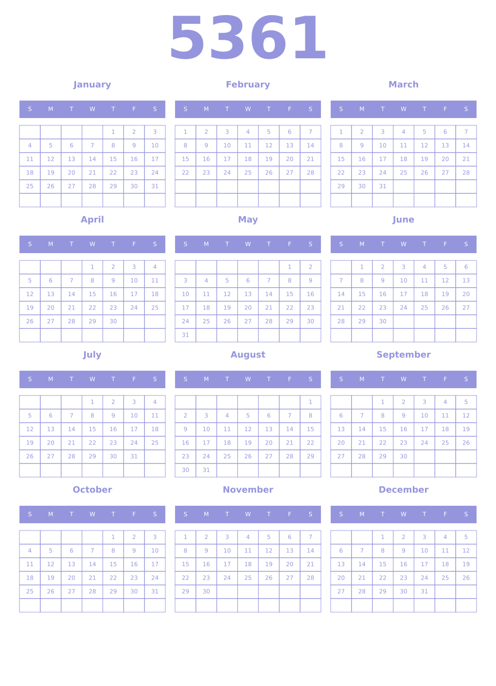 Printable 5361 Year Calendars periwinkle