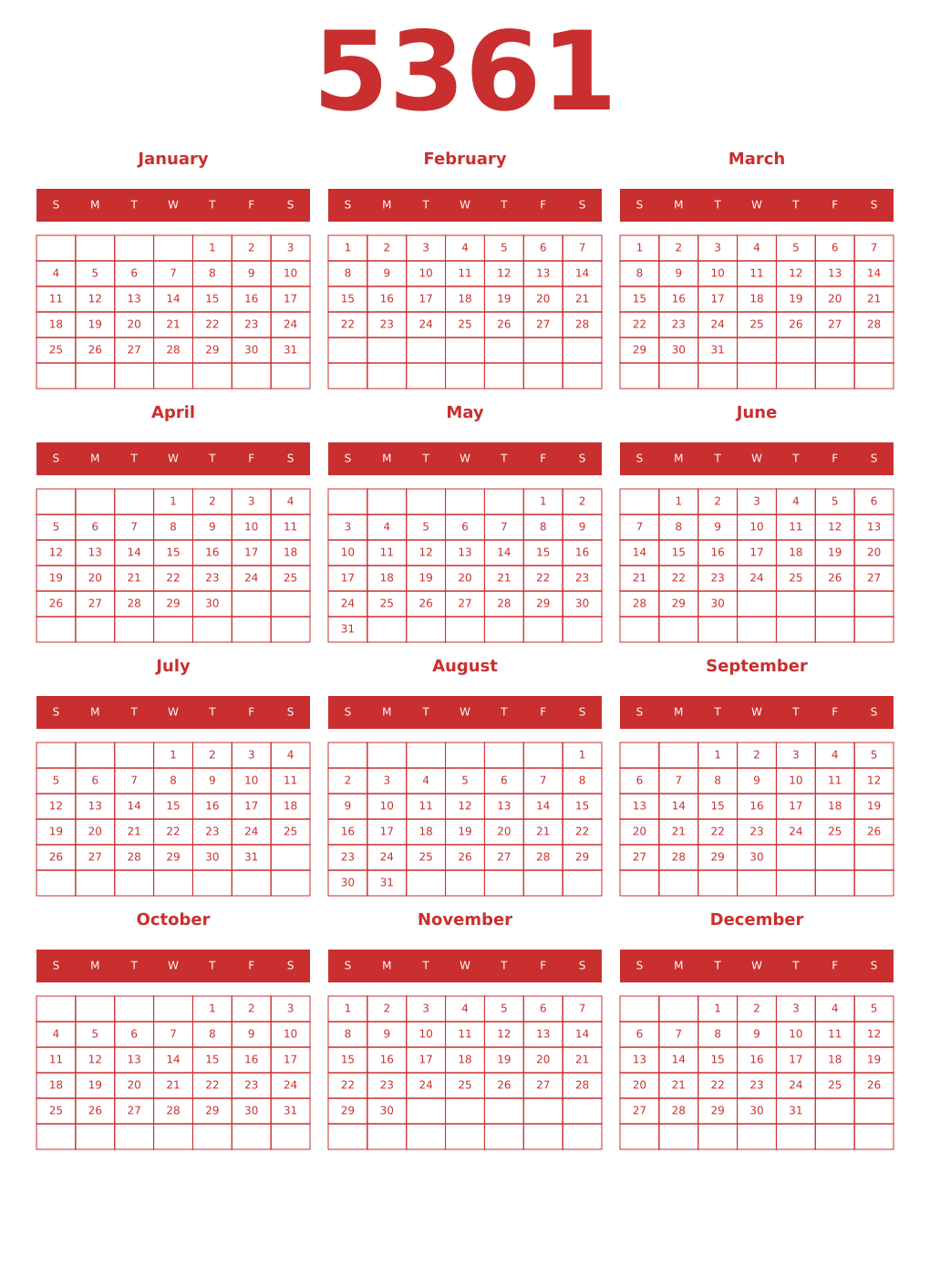 Printable 5361 Year Calendars red