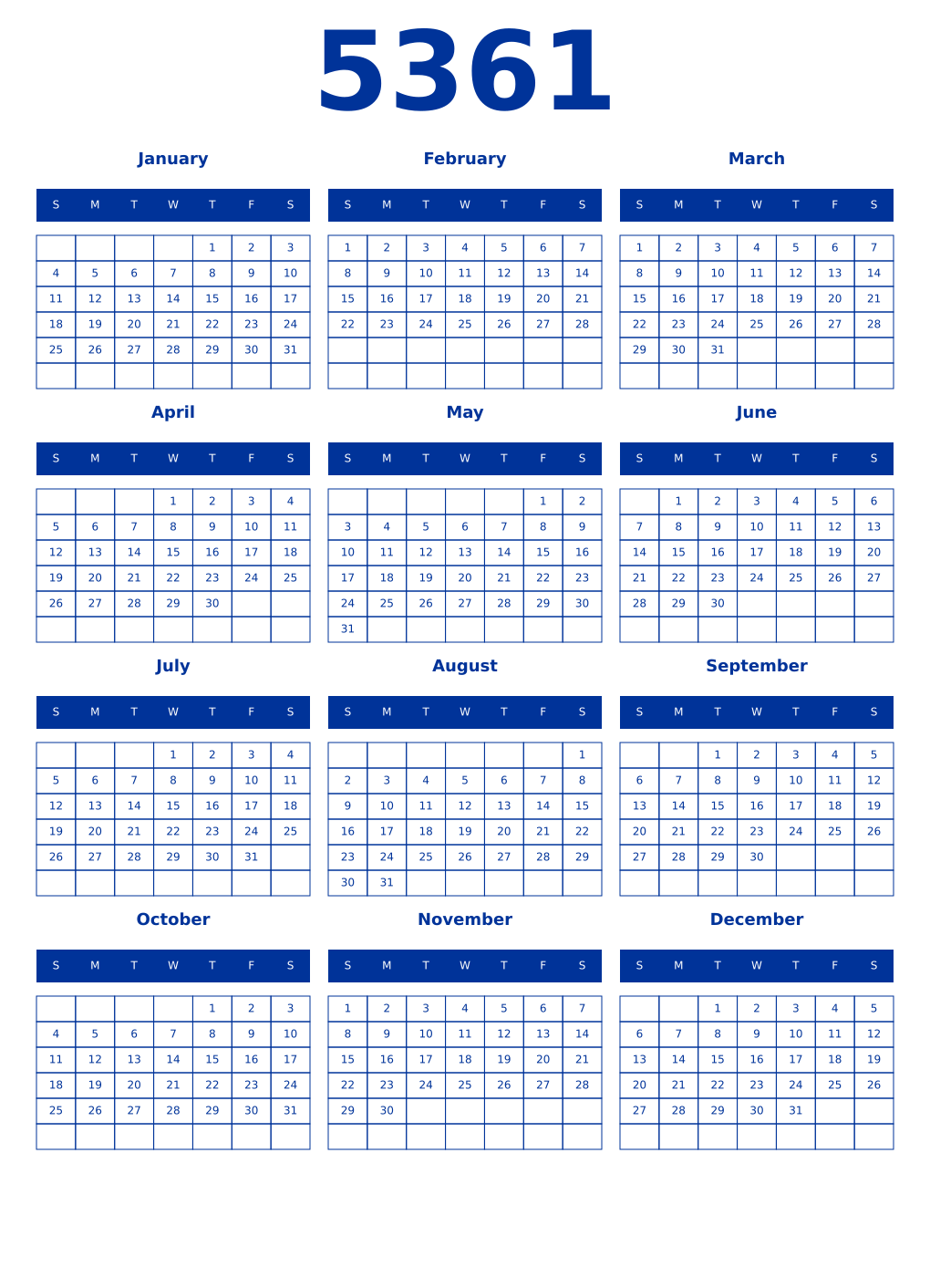 Printable 5361 Year Calendars smalt