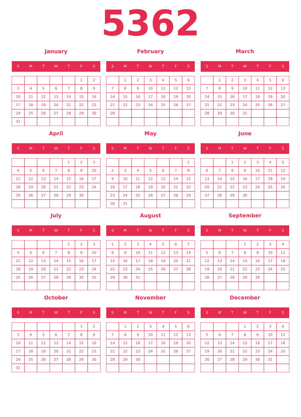 Printable 5362 Year Calendars amaranth