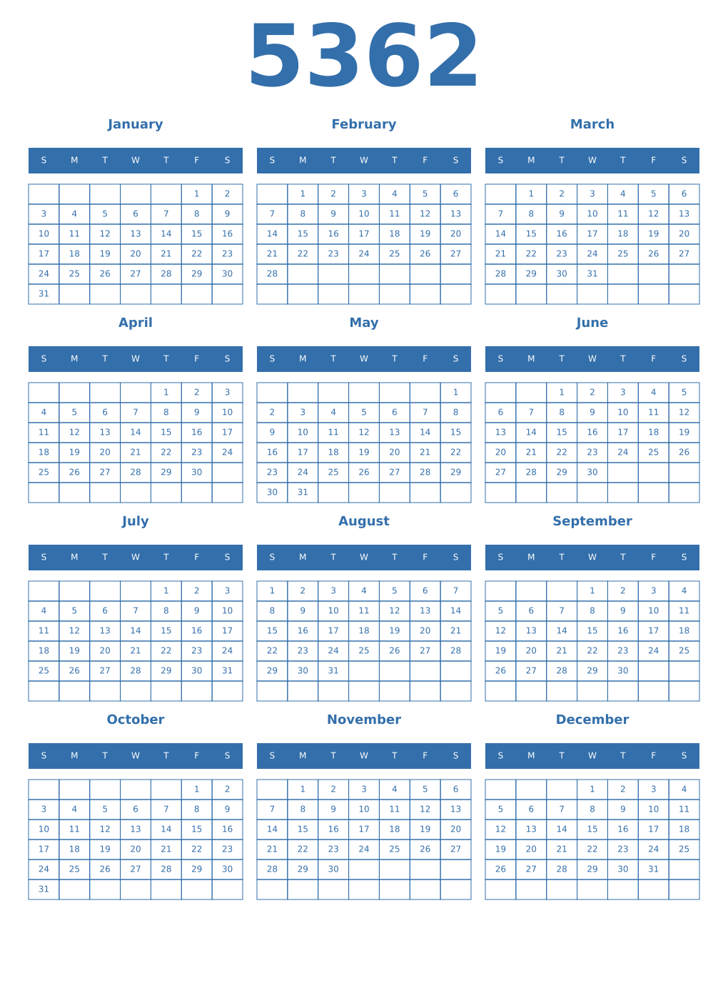 Printable 5362 Year Calendars blue