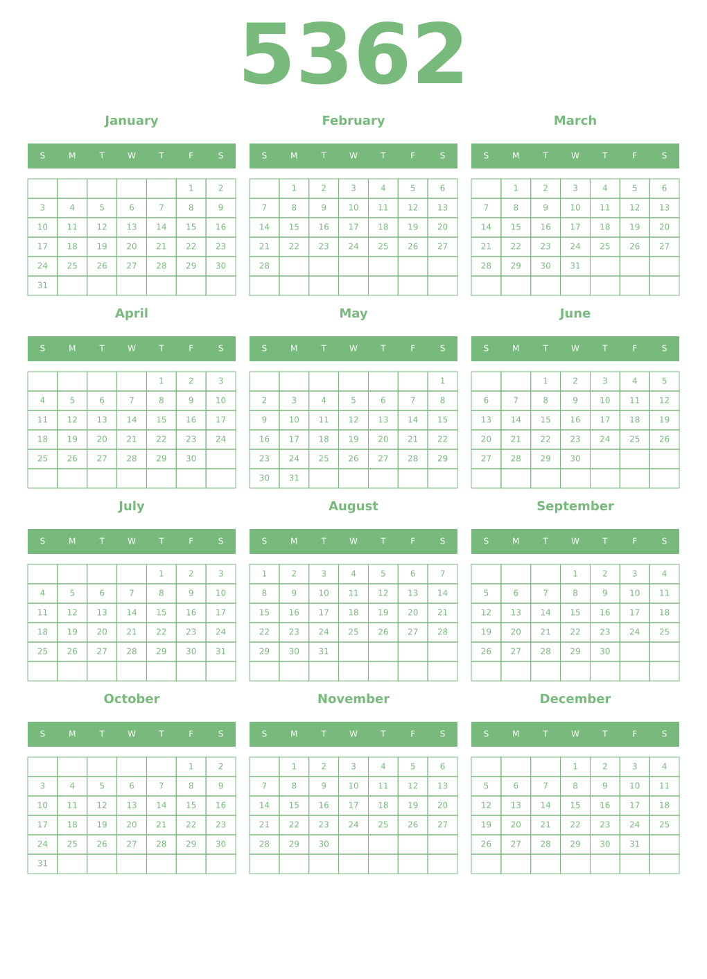 Printable 5362 Year Calendars celadon
