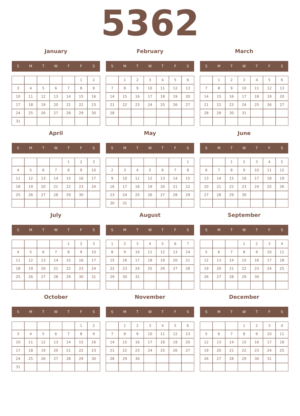 Printable 5362 Year Calendars coffe