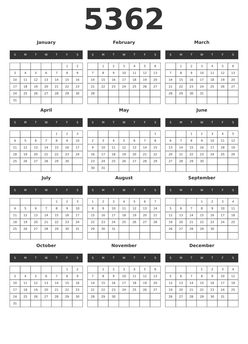 Printable 5362 Year Calendars dark