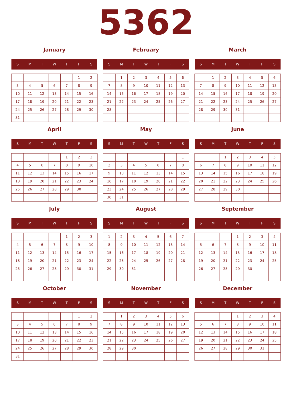Printable 5362 Year Calendars falu