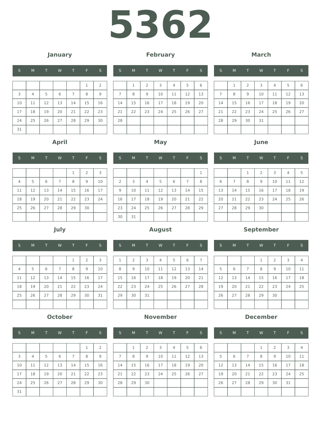 Printable 5362 Year Calendars feldgrau