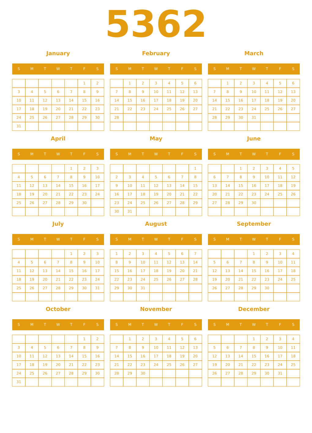 Printable 5362 Year Calendars gamboge