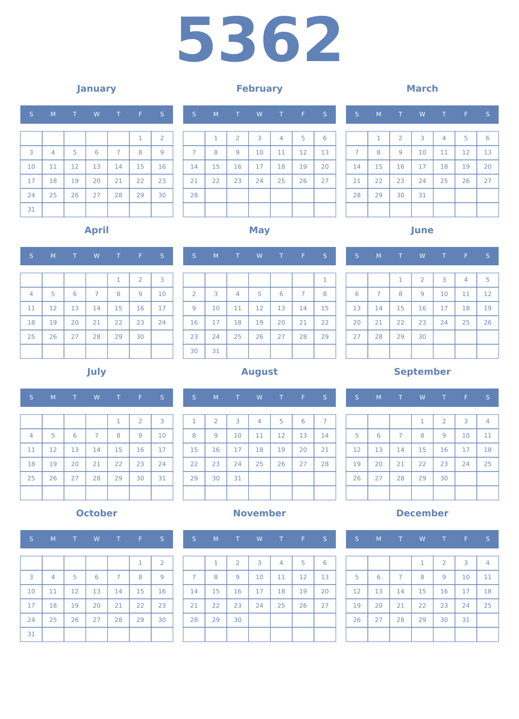 Printable 5362 Year Calendars glaucous