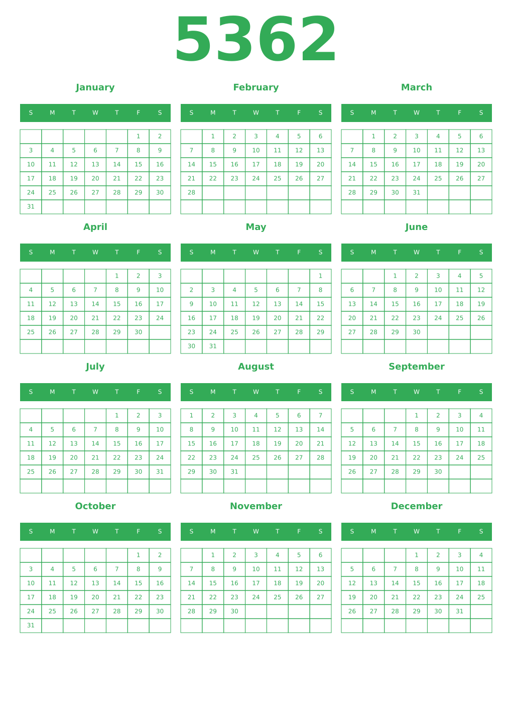 Printable 5362 Year Calendars green