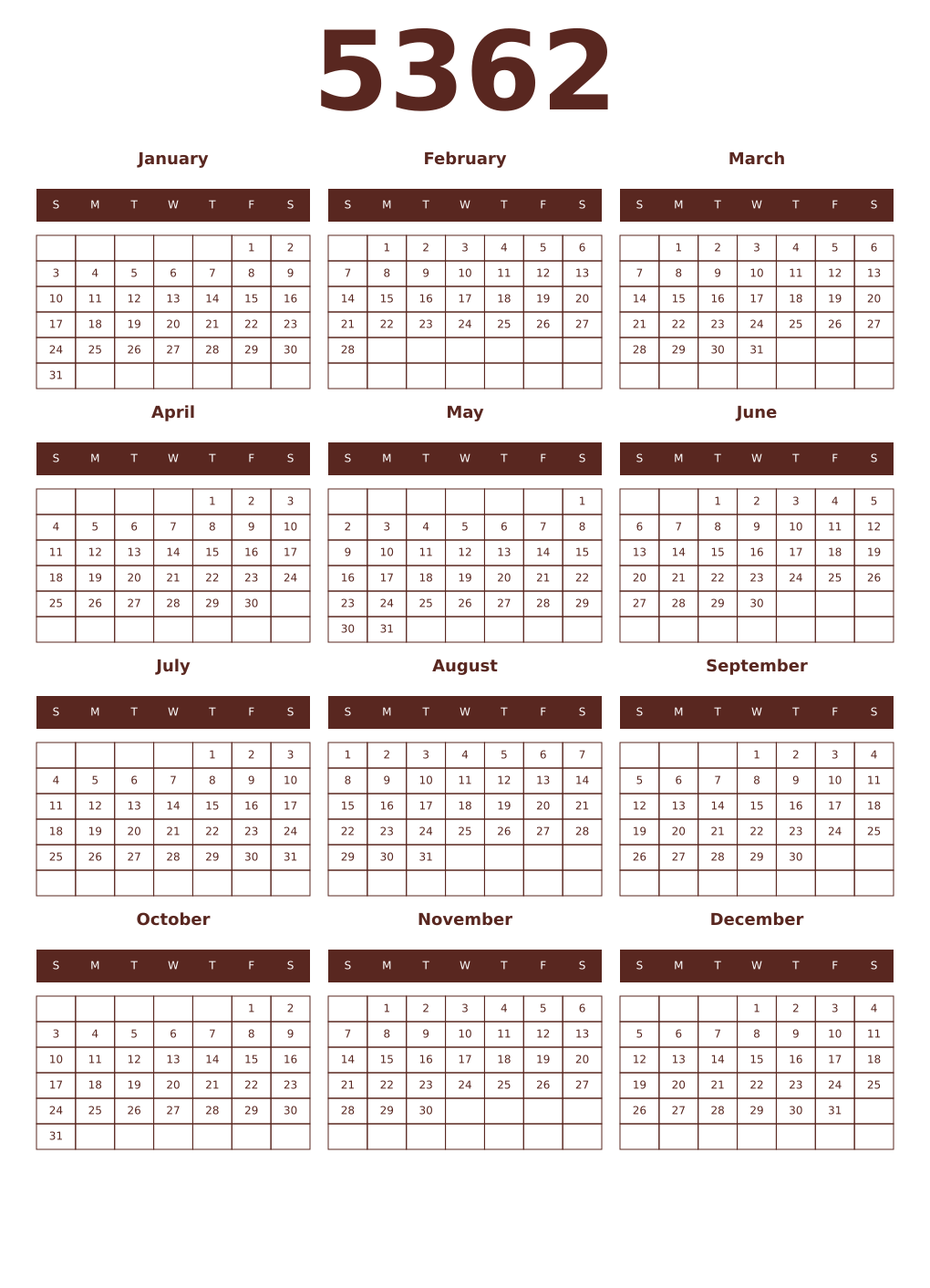 Printable 5362 Year Calendars mortuum