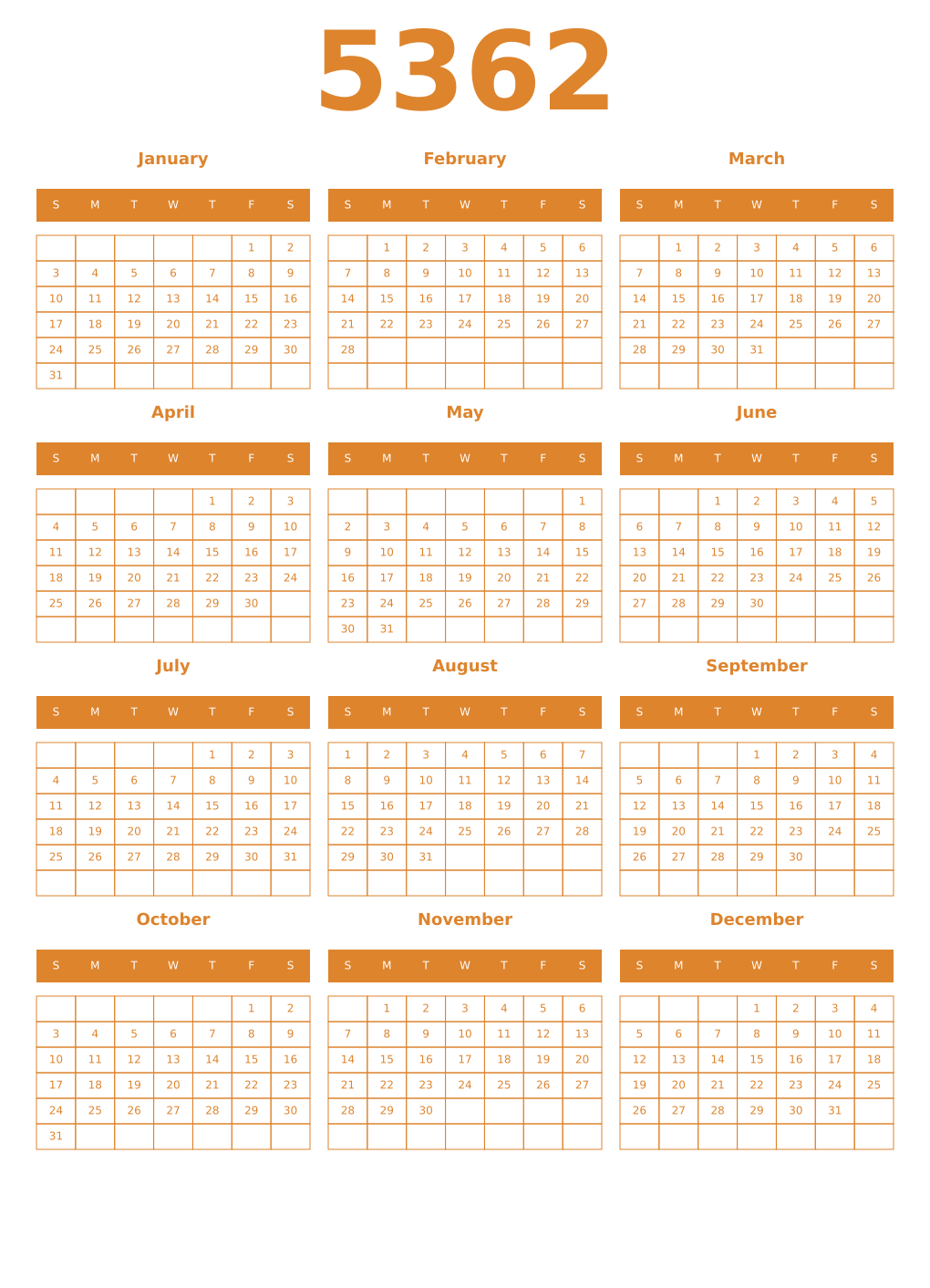 Printable 5362 Year Calendars orange