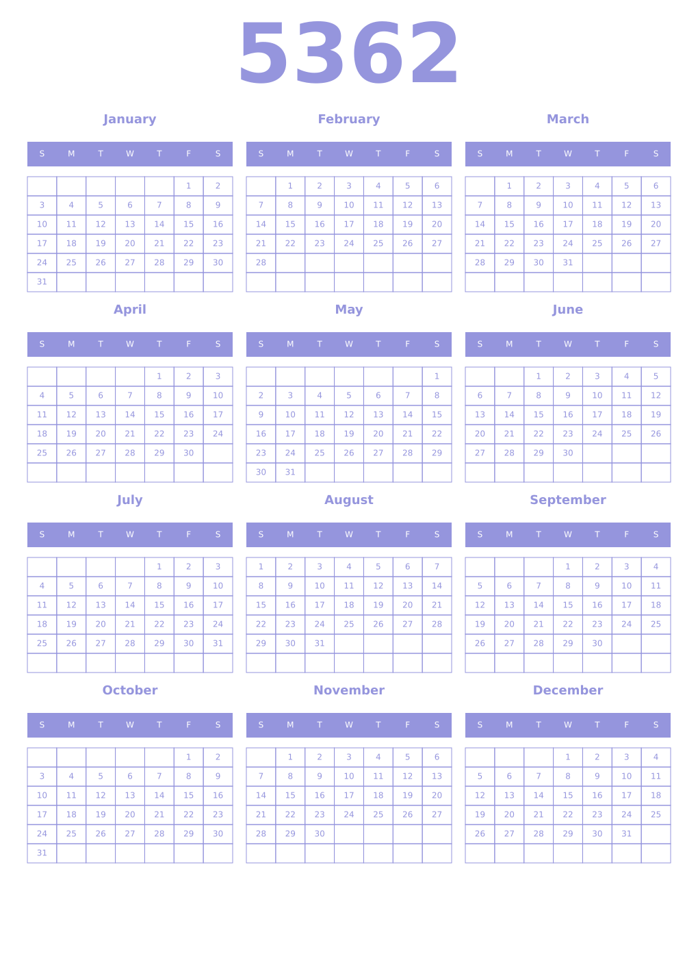 Printable 5362 Year Calendars periwinkle