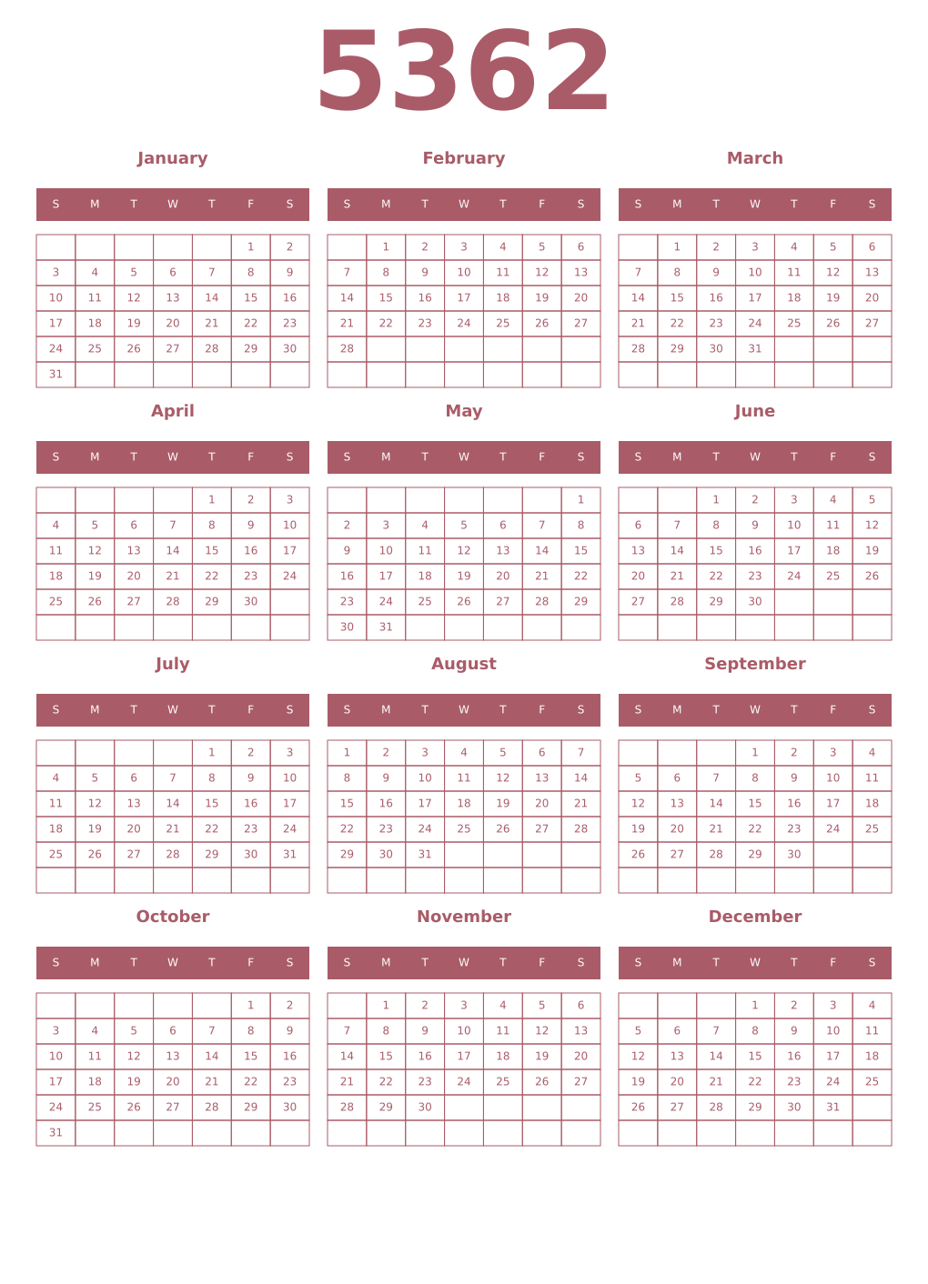 Printable 5362 Year Calendars puce