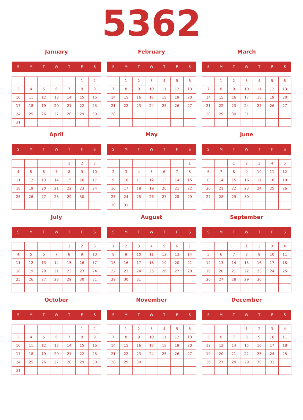 Printable 5362 Year Calendars red