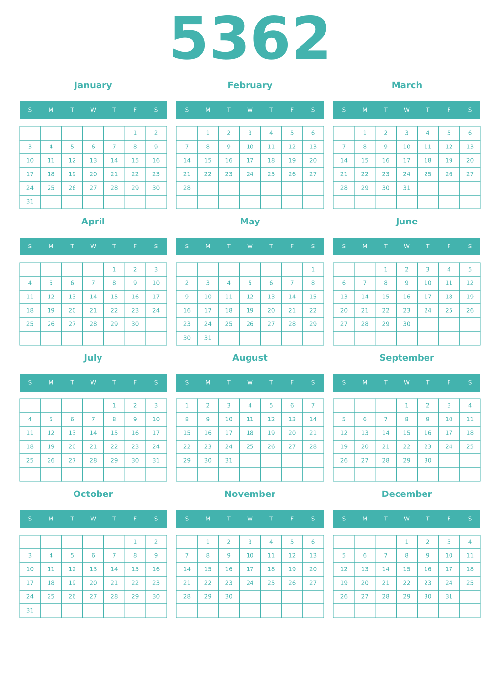 Printable 5362 Year Calendars verdigris