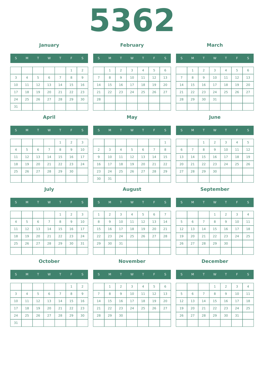 Printable 5362 Year Calendars viridian
