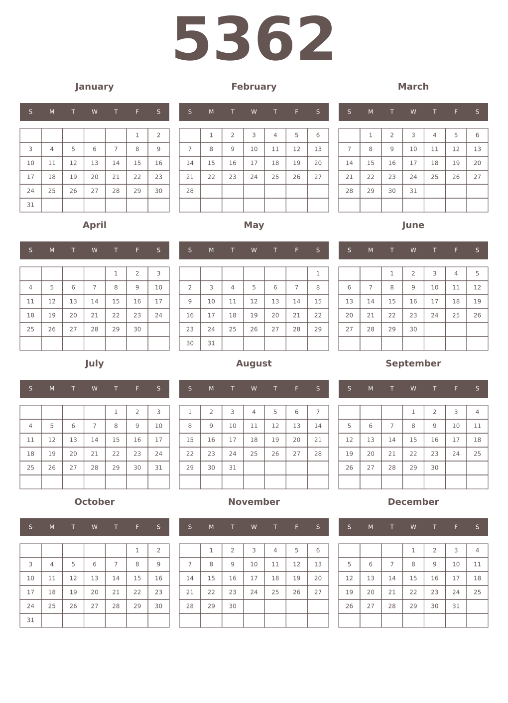 Printable 5362 Year Calendars wenge