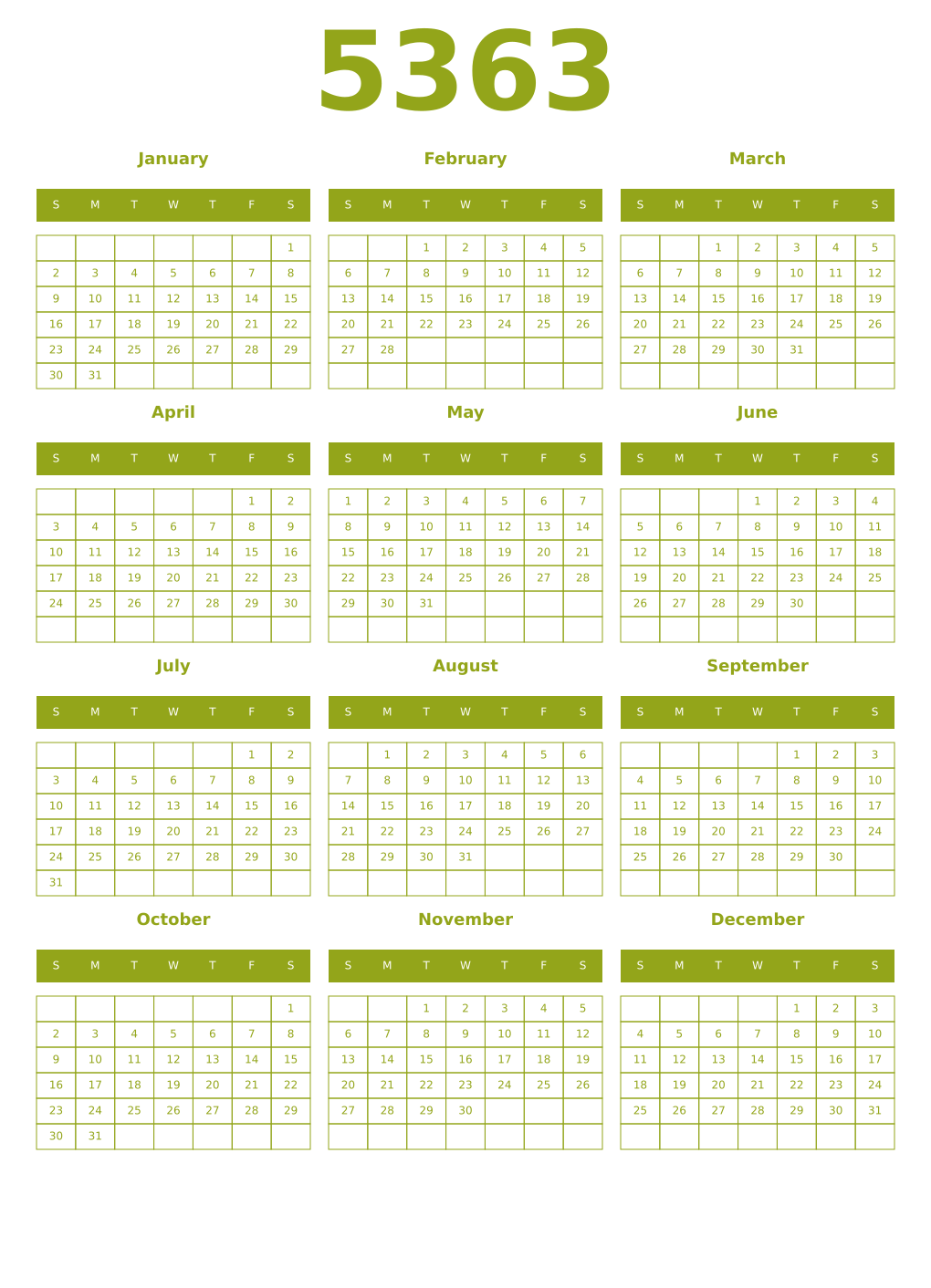 Printable 5363 Year Calendars chartreuse