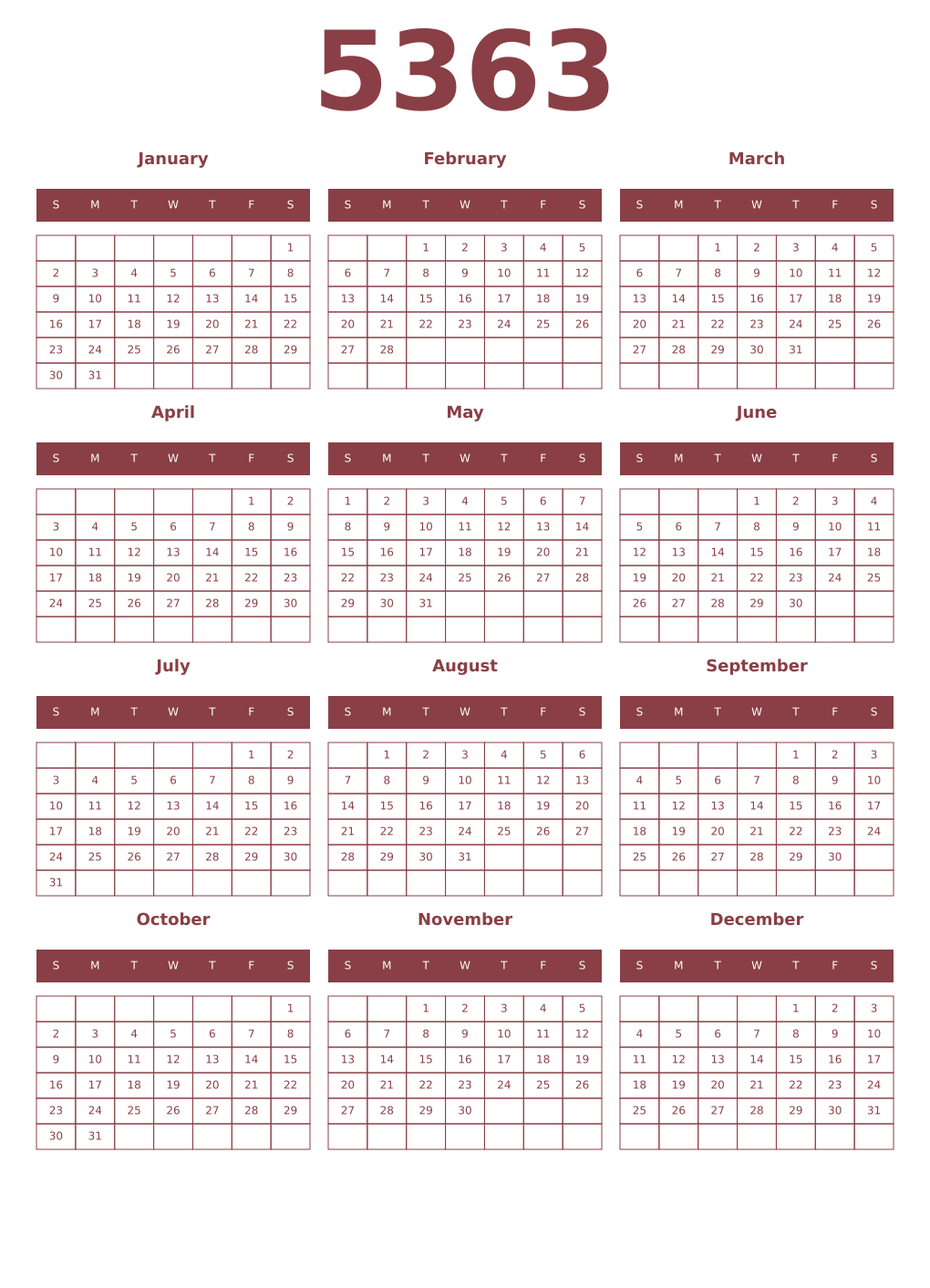 Printable 5363 Year Calendars cordovan