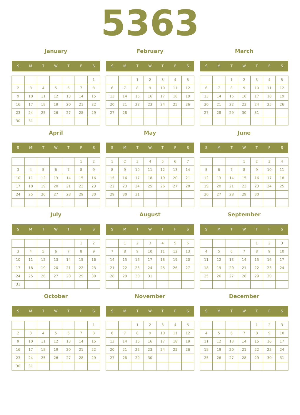 Printable 5363 Year Calendars eburnean