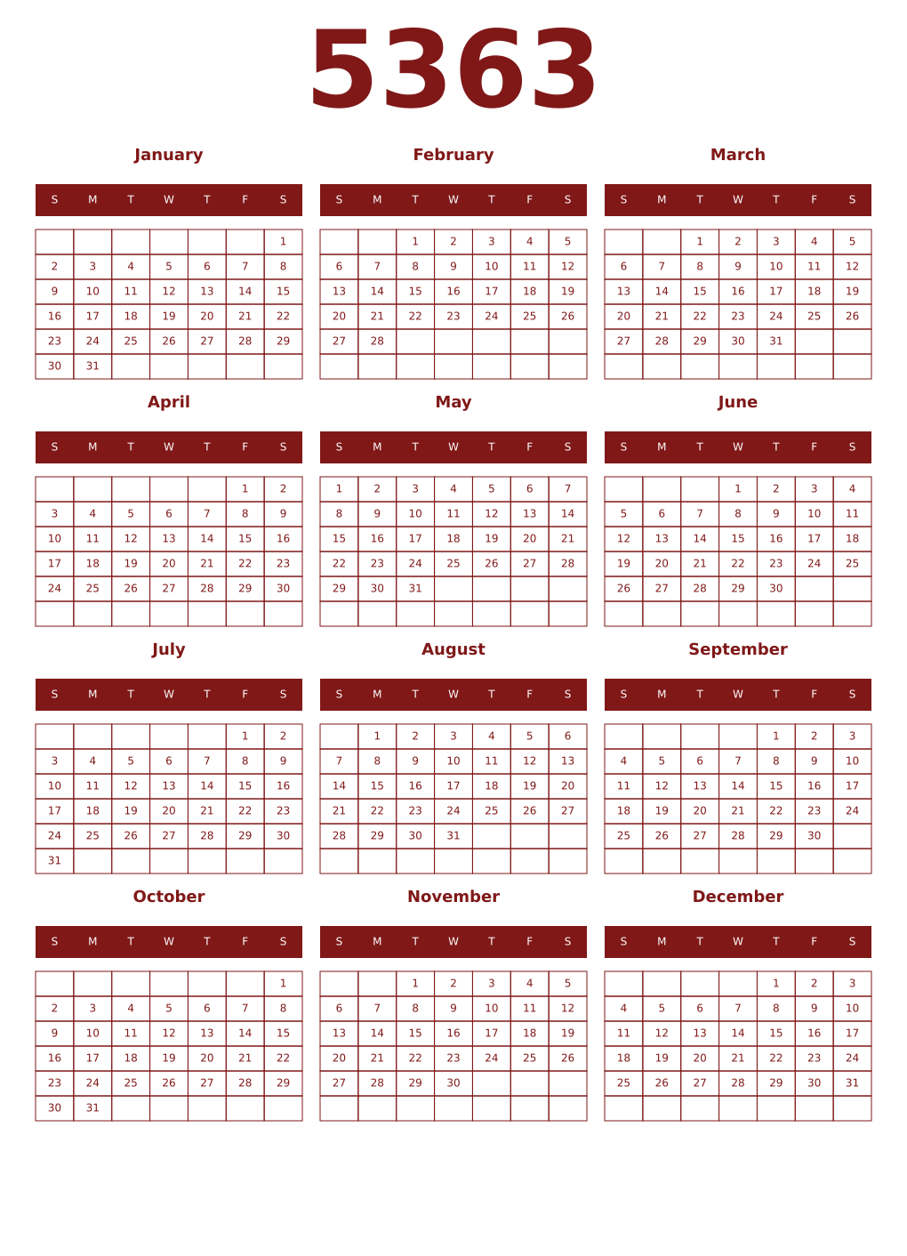 Printable 5363 Year Calendars falu
