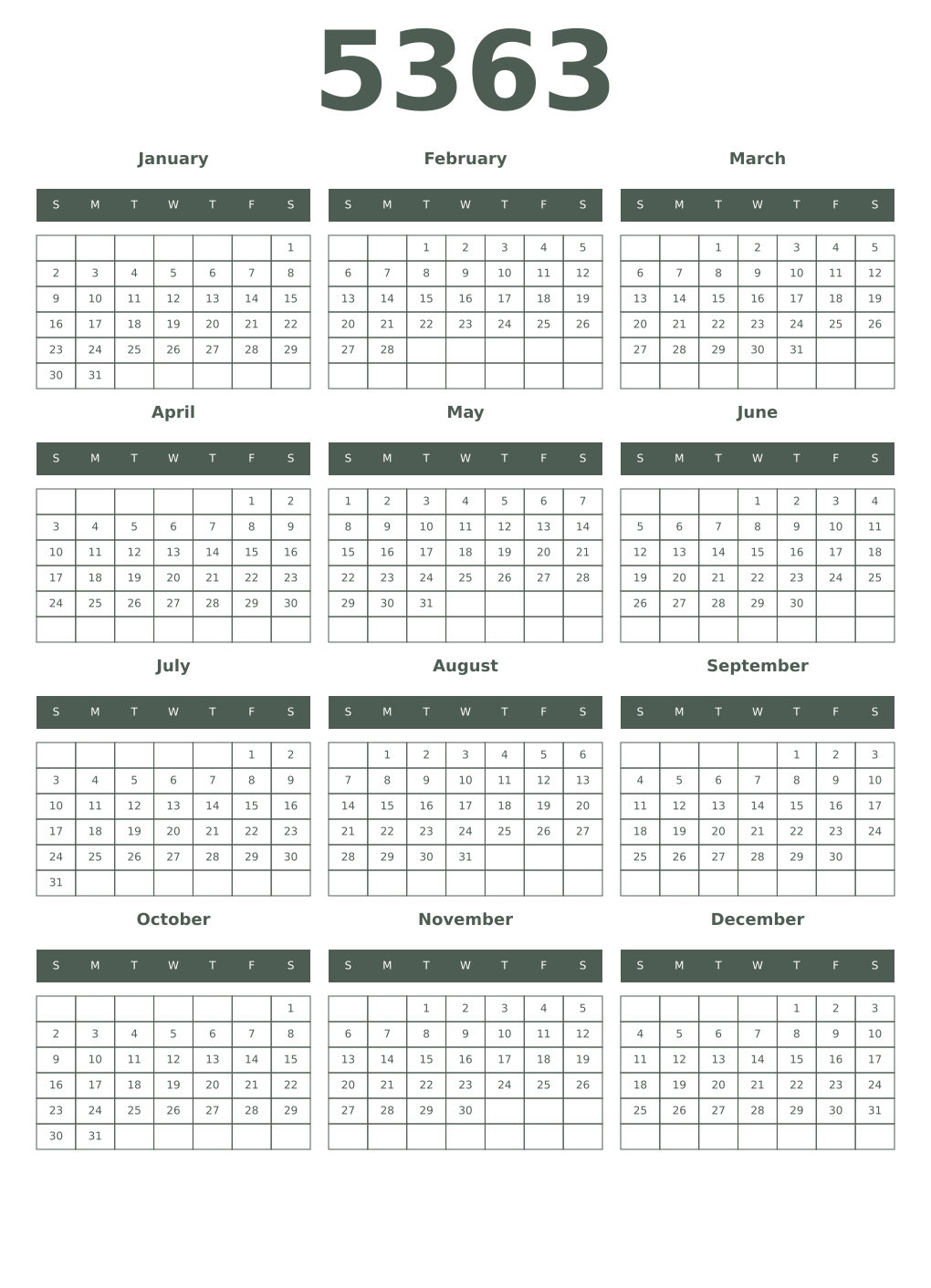 Printable 5363 Year Calendars feldgrau
