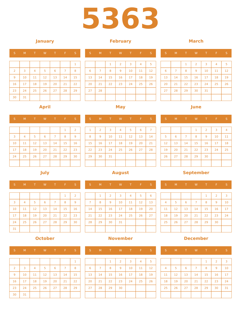 Printable 5363 Year Calendars orange