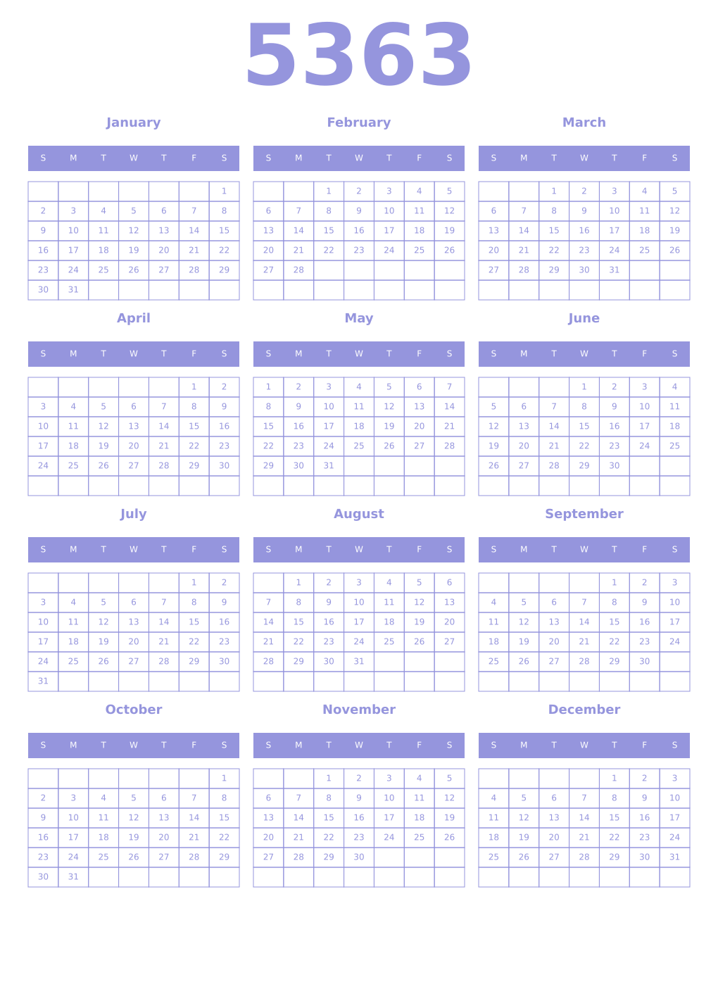 Printable 5363 Year Calendars periwinkle