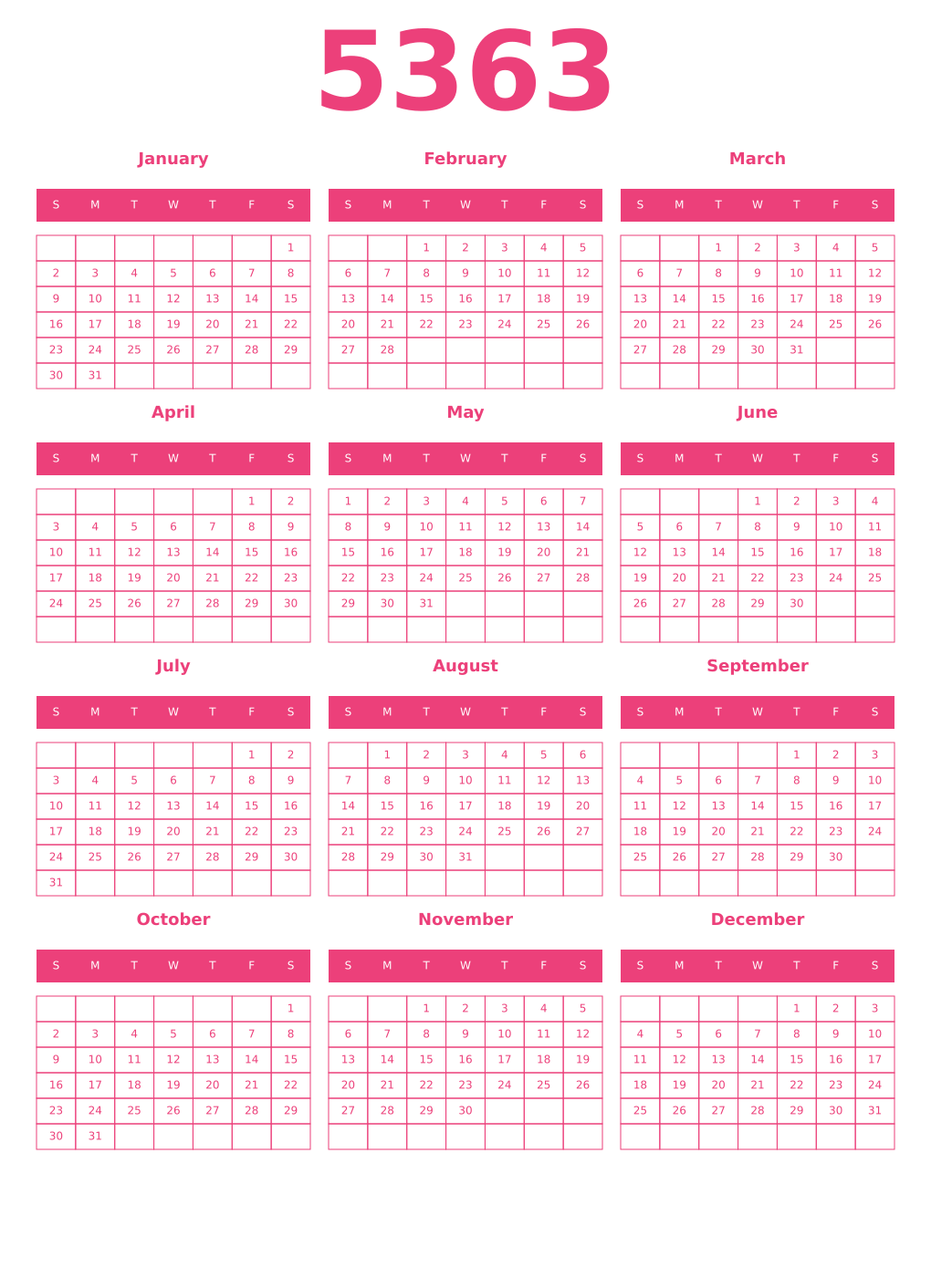 Printable 5363 Year Calendars pink