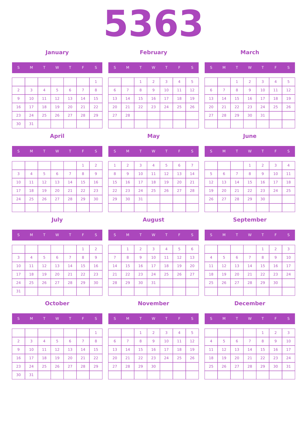 Printable 5363 Year Calendars purple