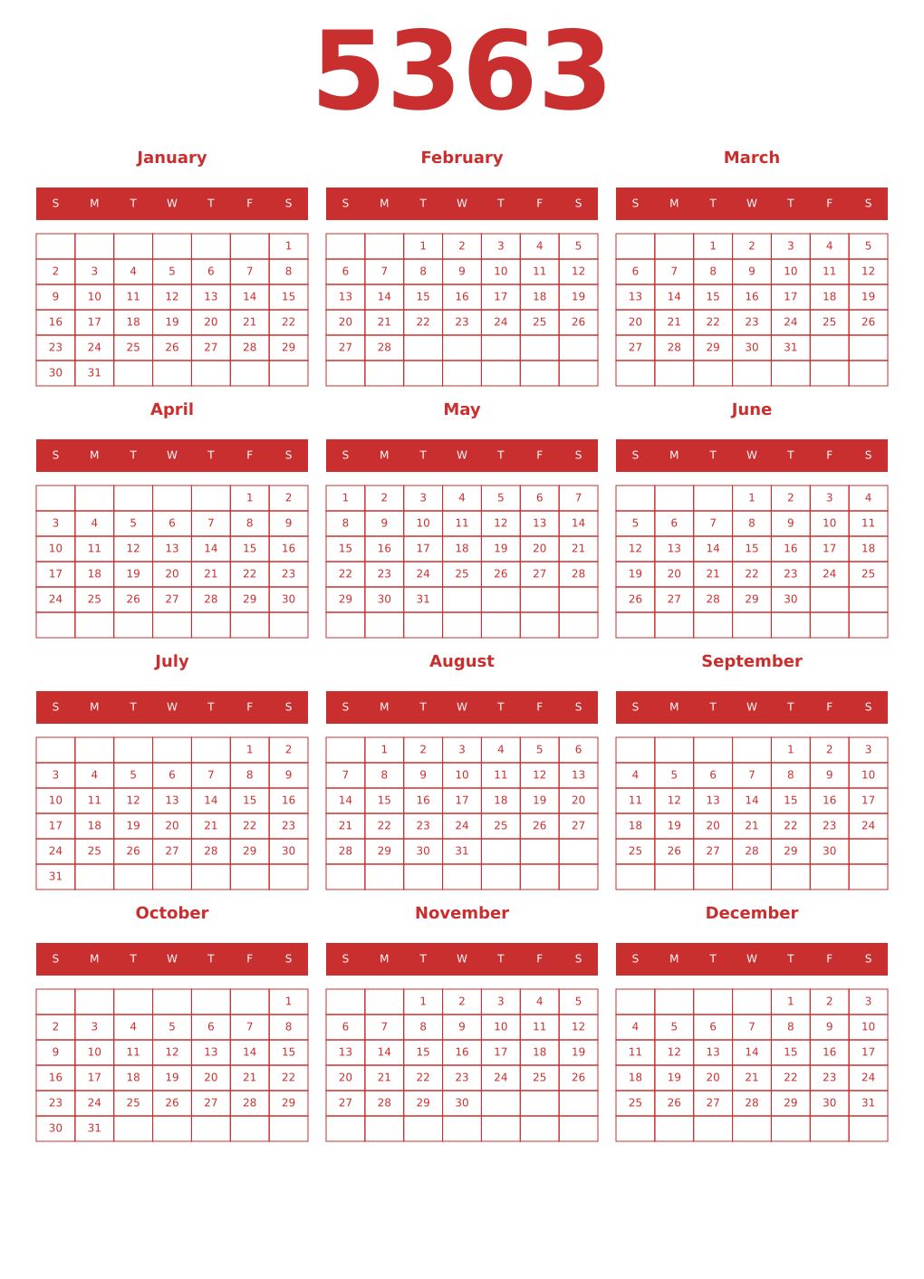 Printable 5363 Year Calendars red