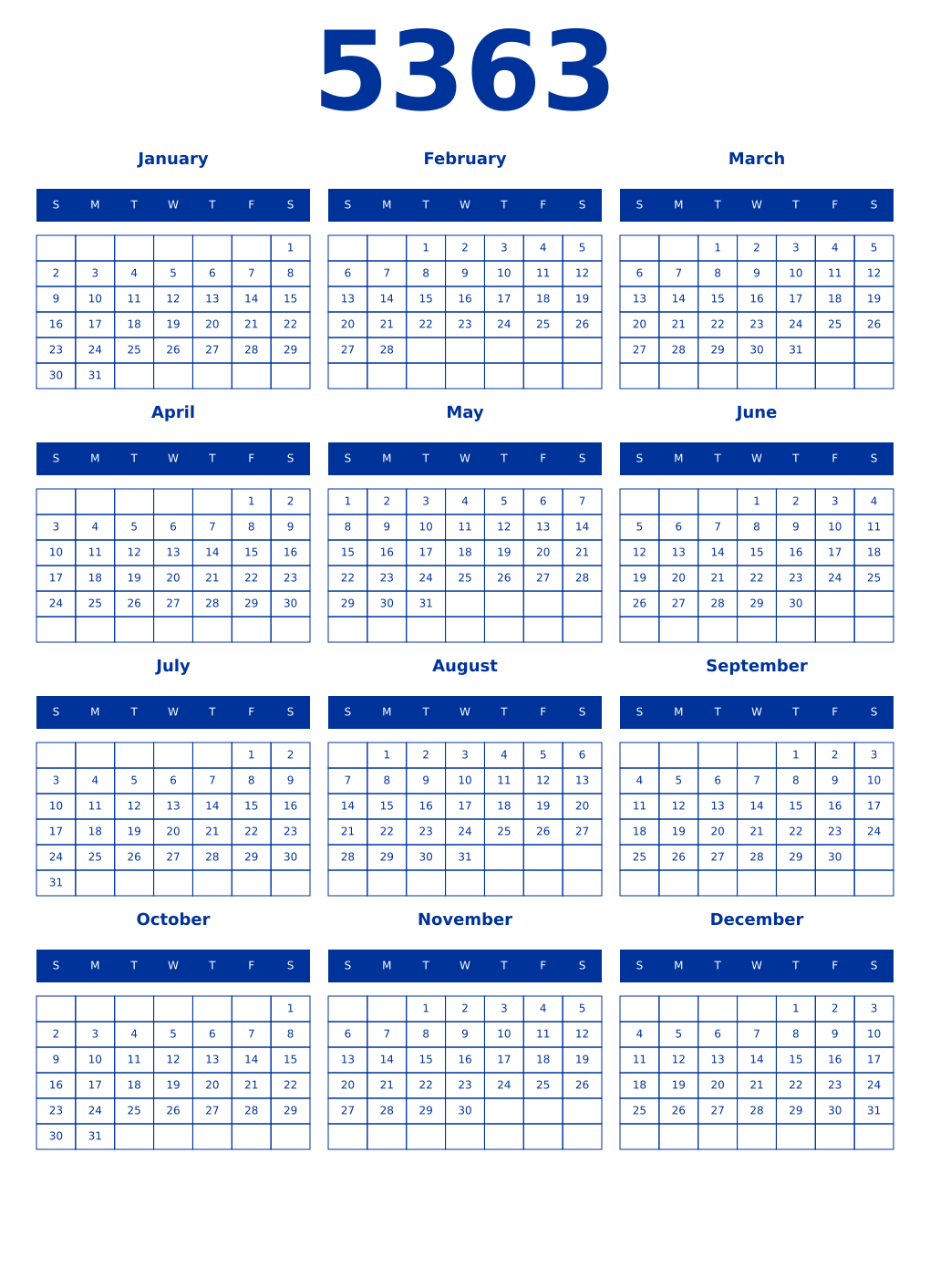 Printable 5363 Year Calendars smalt