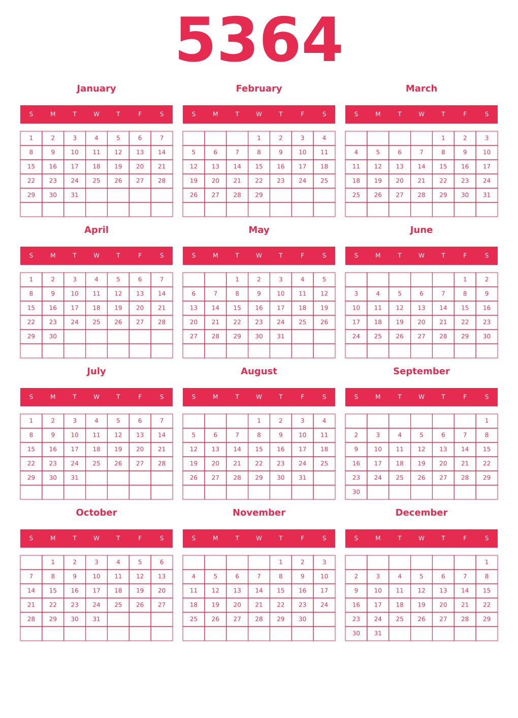 Printable 5364 Year Calendars amaranth