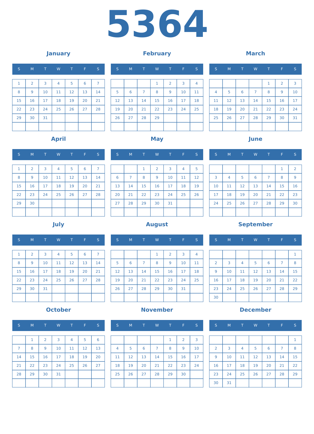 Printable 5364 Year Calendars blue
