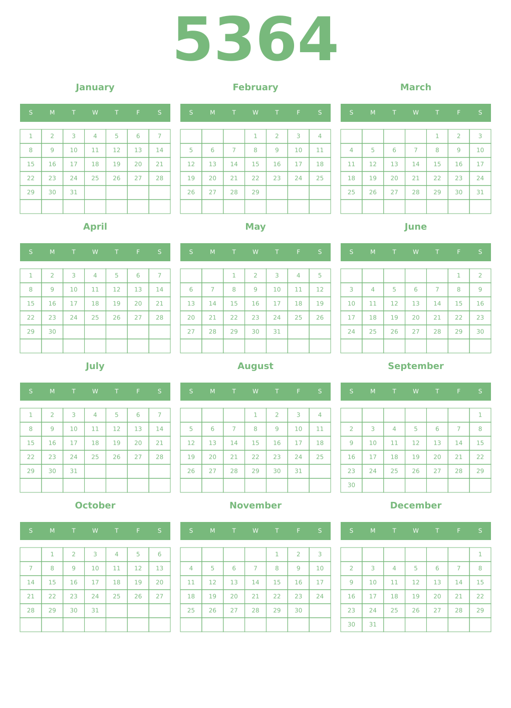 Printable 5364 Year Calendars celadon