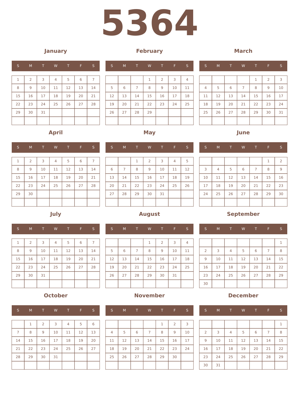 Printable 5364 Year Calendars coffe