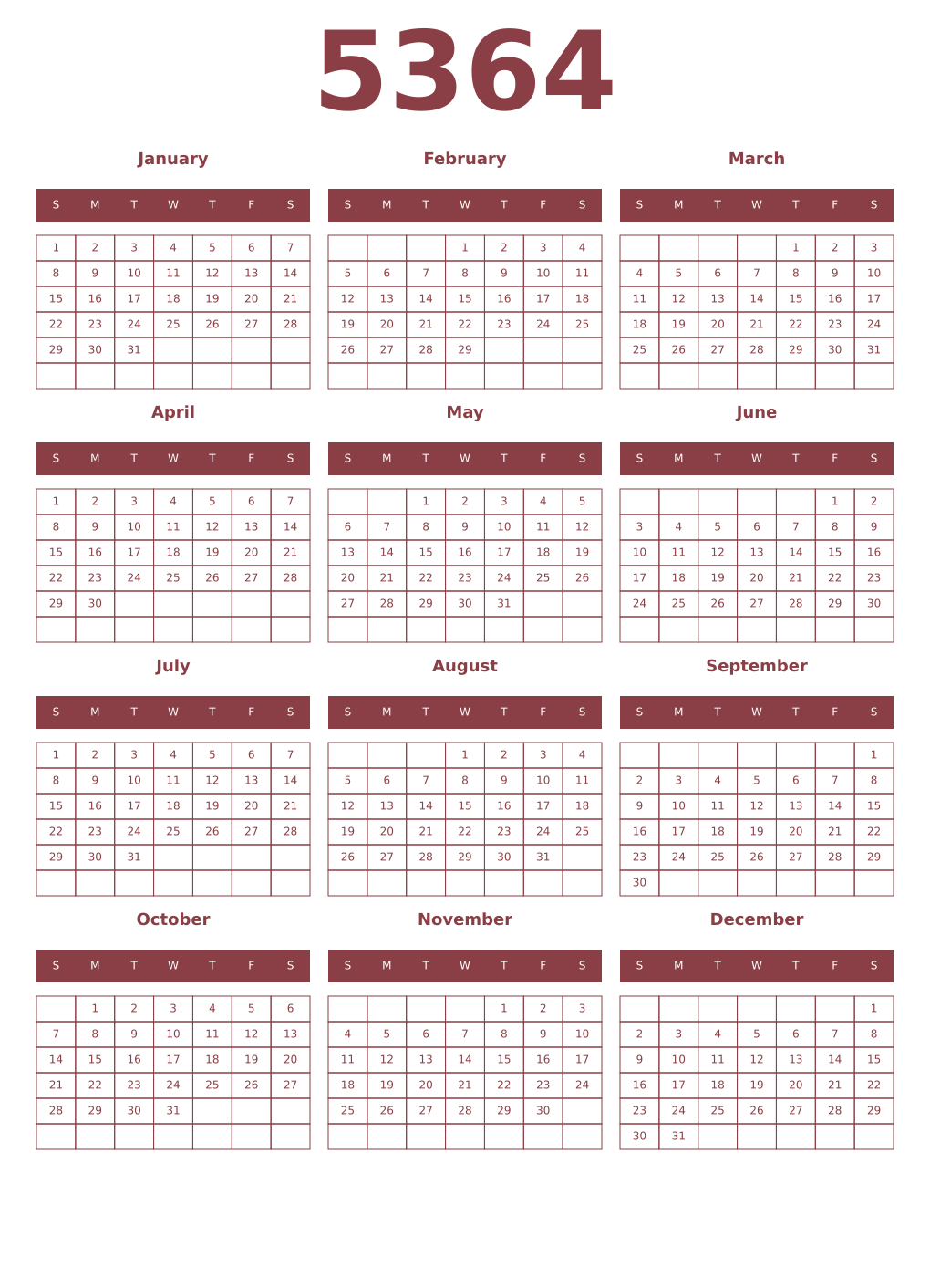 Printable 5364 Year Calendars cordovan