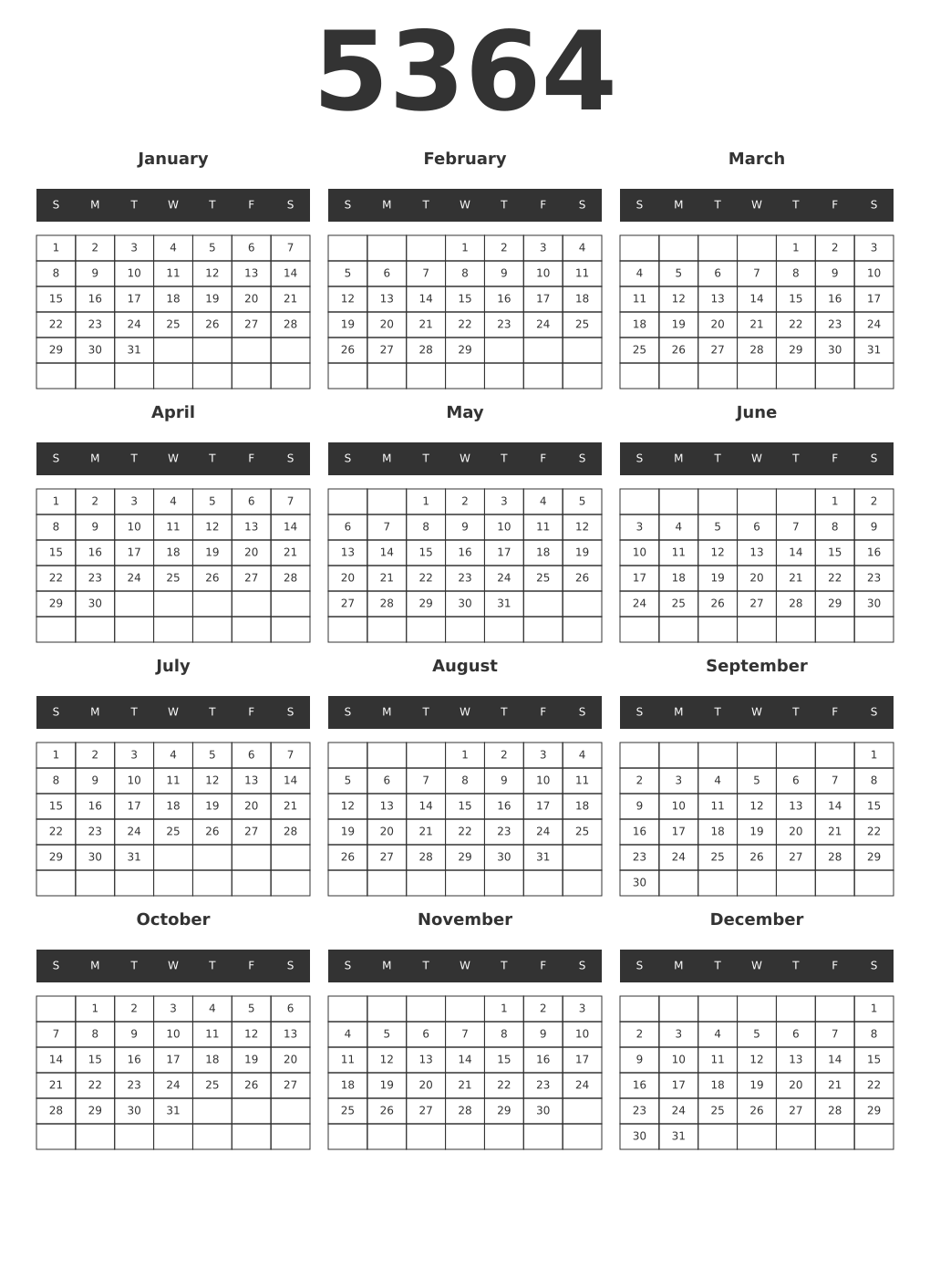 Printable 5364 Year Calendars dark